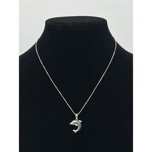 Silver Dolphin Pendant Necklace With Blue-Green Enamel Accent